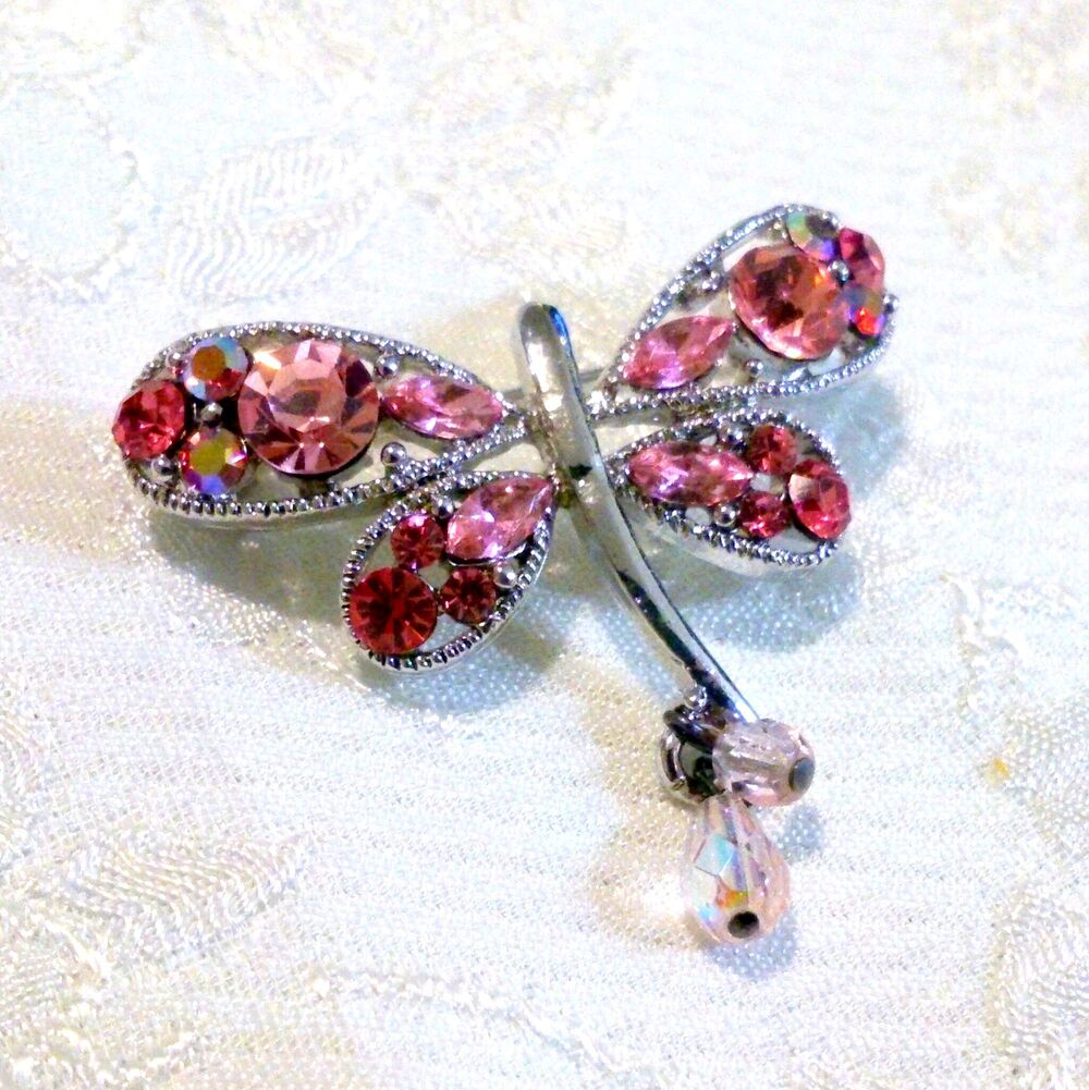 Pink Rhinestone Silver Tone Dragonfly Brooch - Picture 3 of 5